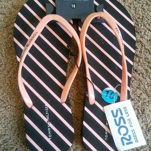 Tommy Hilfiger Black and Pink Striped Flip-flops